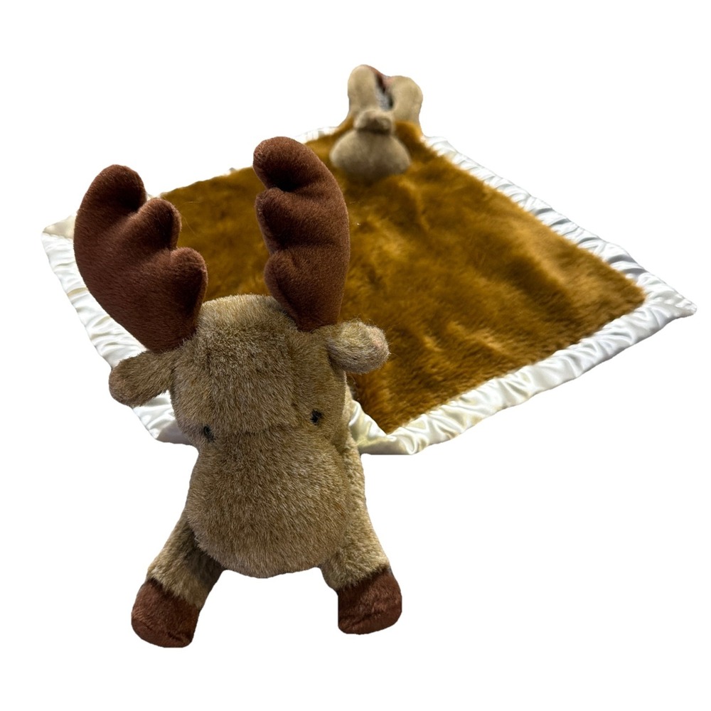 My Banky Brown Moose Plush Baby Security Blanket Silk Trim "Chuckie"‎ VTG Lovey